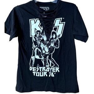 KISS “Destroyer Tour ’76” Lace-Up Band Tee – Women’s Small – Retro Rock Graphic